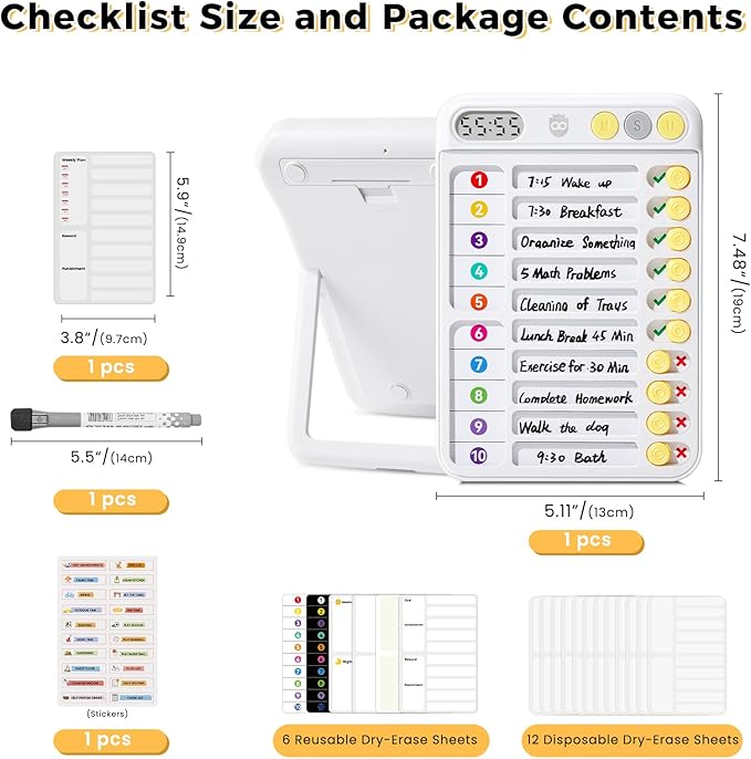 Chore Chart for Kids with Timer, Visual Schedule for Kids, ADHD Tools for Kids, Bedtime/Morning/Daily Routine Chart with 99-Min Countup/Down, Magnetic Checklist Schedule Board with Slider - White