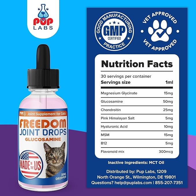 Freedom Joint Drops for Cats with Hyaluronic Acid, MSM, Glucosamine, & Chondroitin, All Natural Cat Joint Supplement for Mobility, Powerful Glucosamine for Cats, Cat Pain Relief, 30ml Dropper