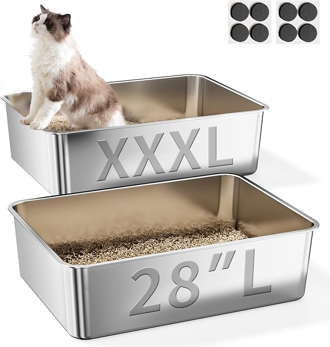 2 Pack Cat Pan Giant 28" Extra Large Stainless Steel Cat Litter Pan Metal Cat Litterbox for Big Cats and Multiple Cats, Anti-Leakage, Easy Cleaning
