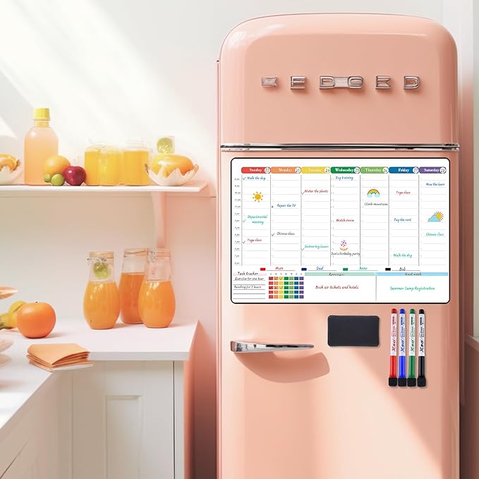 POPRUN Dry Erase Board Magnetic Weekly Calendar Whiteboard for Fridge, 16.5"x11"Schedule Board for Kids, Weekly Planner Whiteboard with Hourly Time Slots Perfect as Planner Board for School and Family