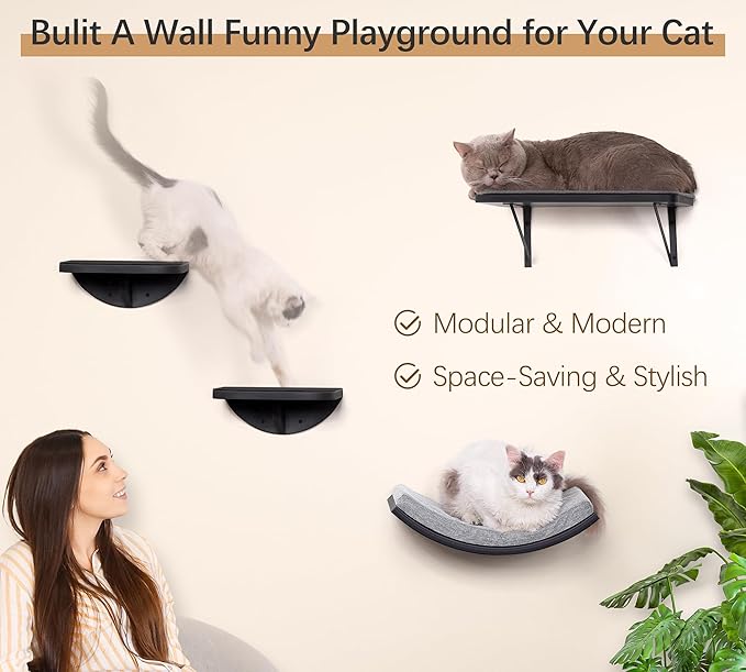 2-Piece Cat Wall Steps with Grey Felt Pads, Floating Cat Wall Perches and Climbing Steps, Wall Mounted Shelf for Small and Large Cats