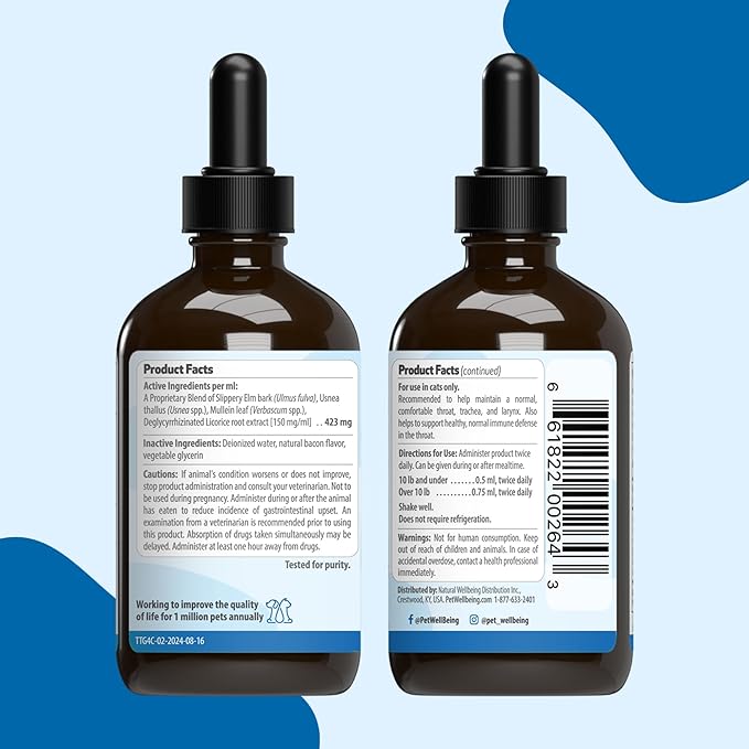 Pet Wellbeing Throat Gold for Cats - Supports Throat Comfort, Upper Respiratory Health, Occasional Throat Hoarseness, Slippery Elm, Mullein - Veterinarian-Formulated Herbal Supplement 4 oz (118 ml)