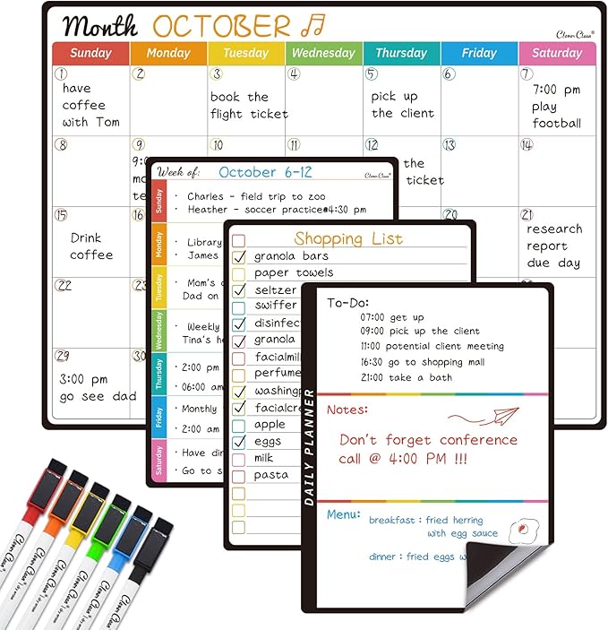 Magnetic Dry Erase Monthly Calendar Set - 14.5"x11" Monthly Calendar, 6.5"x8.5" Weekly, Daily, List Boards for Fridge - 6 Extra Fine Point Markers Included - Shipped Flat