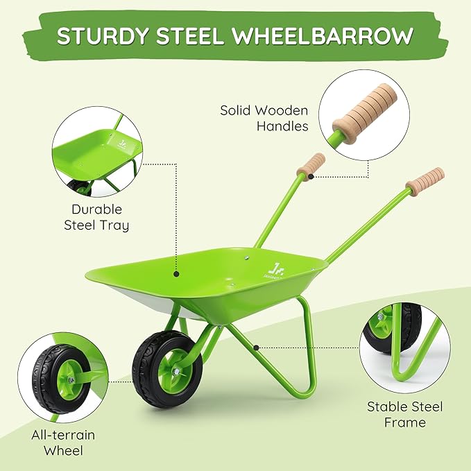 SainSmart Jr. Kids Gardening Set with Wheelbarrow - 7 Pcs Kids Rake and Shovel Set, Outdoor Toys for All Seasons - Plant, Sweep Leaves, Shovel Sand or Snow, for Boys and Girls