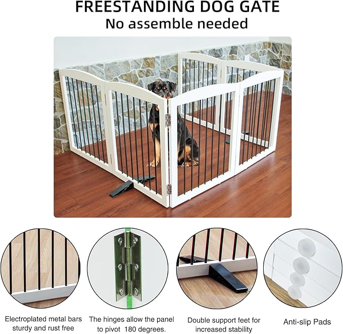 Freestanding Panel Dog Gate for Indoor, Doorways,Stairs, or Hallways,Foldable Wooden Dog Gates for House,Pet Gate for Dogs,Dog Fence, Puppy Gate,Support Feet Included,32 "Height-6 Panels,White