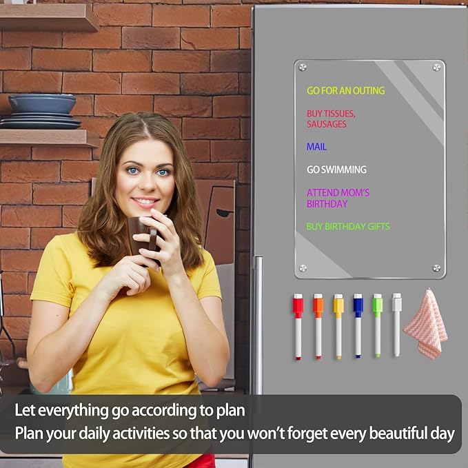 9"X13" Acrylic Dry Erase Board for Refrigerator,Clear Magnetic Dry Erase Board for Fridge,Includes 6 Colors Markers