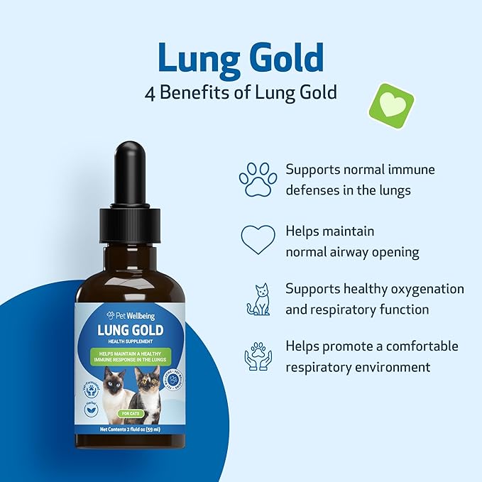 Pet Wellbeing Lung Gold for Cats - Lung Immune Support, Lower Respiratory Health, Open Airways, Normal Breathing, Reishi, Coptis - Veterinarian-Formulated Herbal Supplement - 2 oz (59 ml)