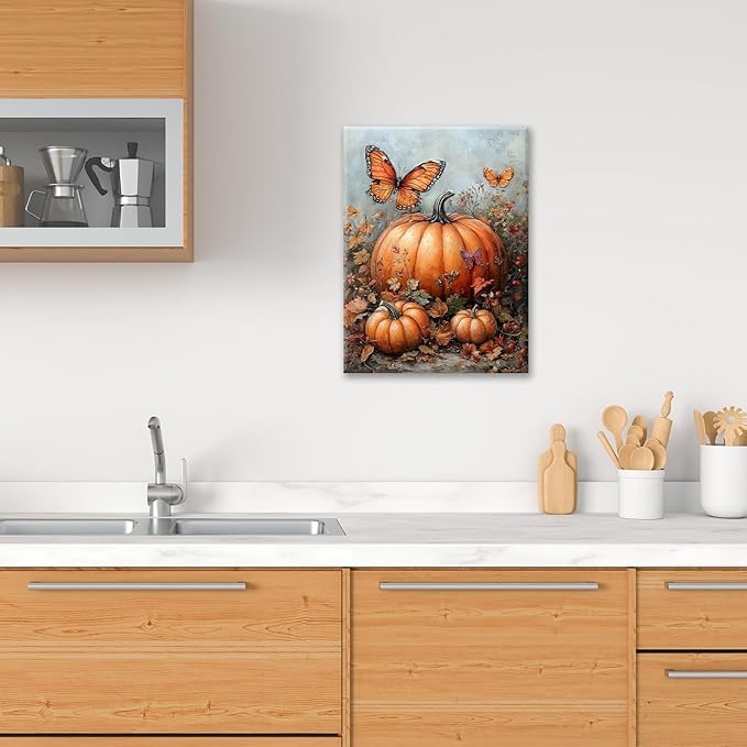 Fall Pumpkin Pictures Wall Art, Rustic Thanksgiving Bathroom Wall Decor, Farmhouse Autumn Butterfly Framed Painting Canvas Artwork for Harvest Gift Bedroom Living Room Decorations 20"L x 16"W