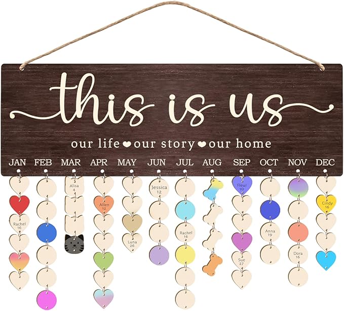 Family Birthday Calendar Board Wall Hanging with Tags, Family Birthday Plaque with Tag Wooden Memory Days Reminder Wall Hanging Home Décor Wood Anniversary Tracker with 104 Tags, Valentines Day Christmas Gifts for Lovers Friends (THIS IS US)