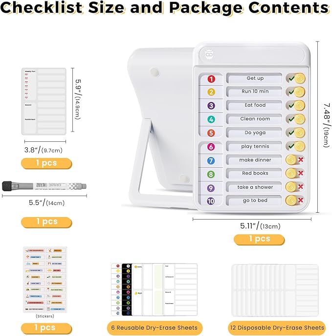 Magnetic Chore Chart for Kids, ADHD Tools for Kids to Do List Checklist Task Board Routine Chart Visual Schedule for Fridge with 10 Sliders and Magnetic Marker - White