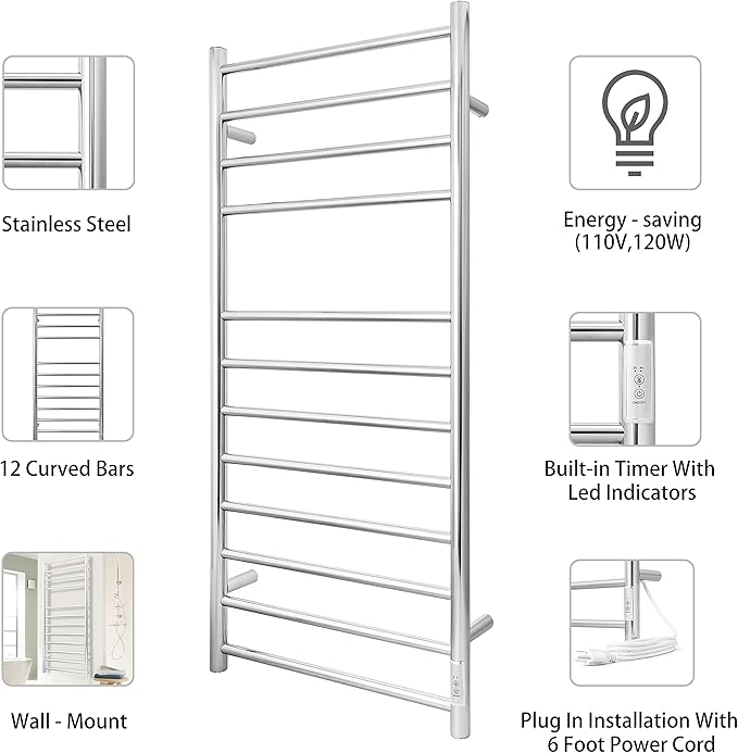 KEG Towel Warmer Wall Mounted with Built-in Timer 12 Bars Electric Stainless Steel Heated Towel Racks for Bathroom, Hot Plug-in Bath Towel Heater Polish Chrome