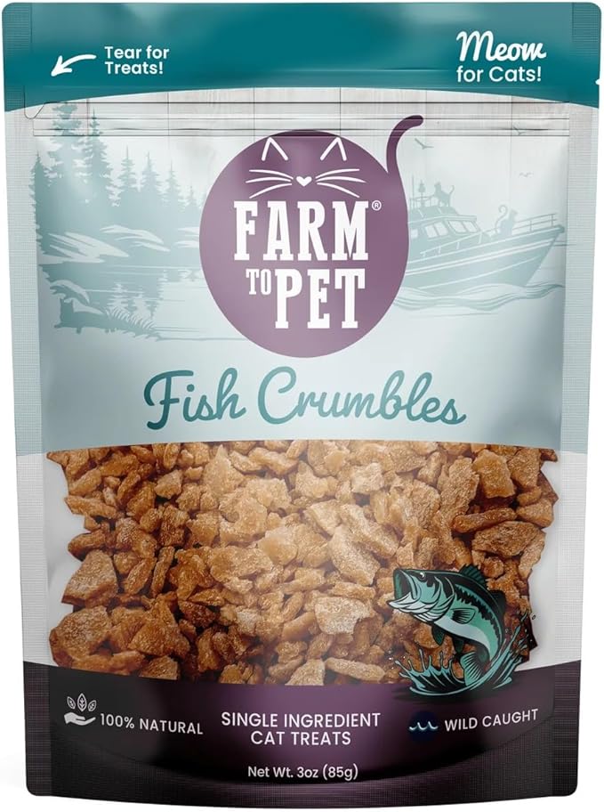 Farm To Pet - Cat Treat Crumbles - 3 oz Single Ingredient Fish Treat and Snacks - Healthy for Indoor Cats and Kitten - Essential Products (Mix with Wet/Dry Food)