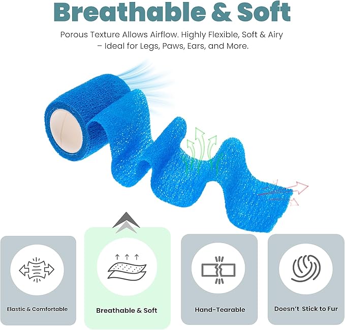 Pet Bandage 6 Rolls, Adhesive Bandage, Self Adhesive Bandage, First Aid Adhesive Gauze, for Horses, Dogs,Cats, Birds, Animals, (Solid Colors, 2 Inch (Pack of 6))