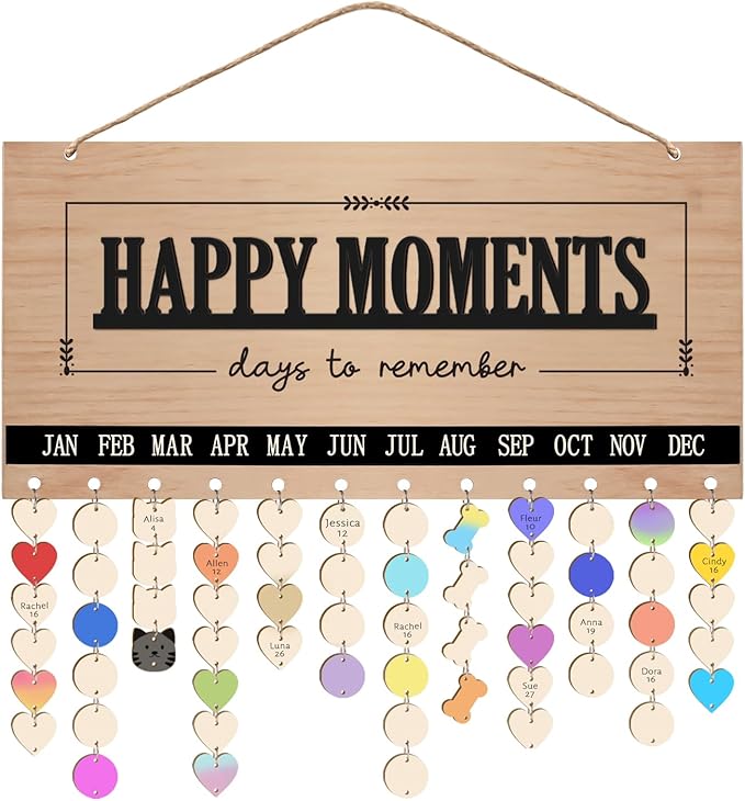 Family Birthday Calendar Board Wall Hanging with Tags, Family Birthday Plaque with Tag Wooden Memory Days Reminder Wall Hanging Home Décor Wood Anniversary Tracker with 104 Tags, Valentines Day Christmas Gifts for Lovers Friends (HAPPY MONENTS)