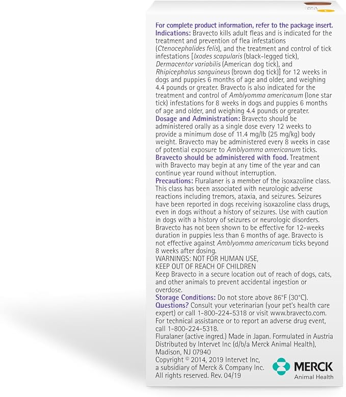 BRAVECTO Chew for Dogs, Flea & Tick, 1 Chew, 12 Week Supply, 4.4-9.9 lbs., Yellow Box