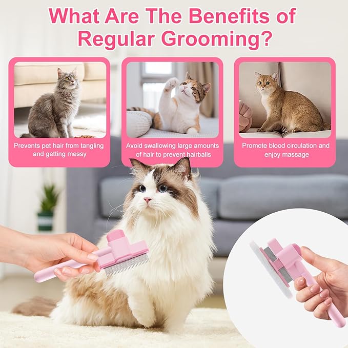 2PCS Flea Comb for Cats and Dogs with Pet Hair Remover Glove, Self Cleaning Pet Flea Cat Grooming Brush with Release Button for Massaging and Cleaning Shedding Pets Hairs
