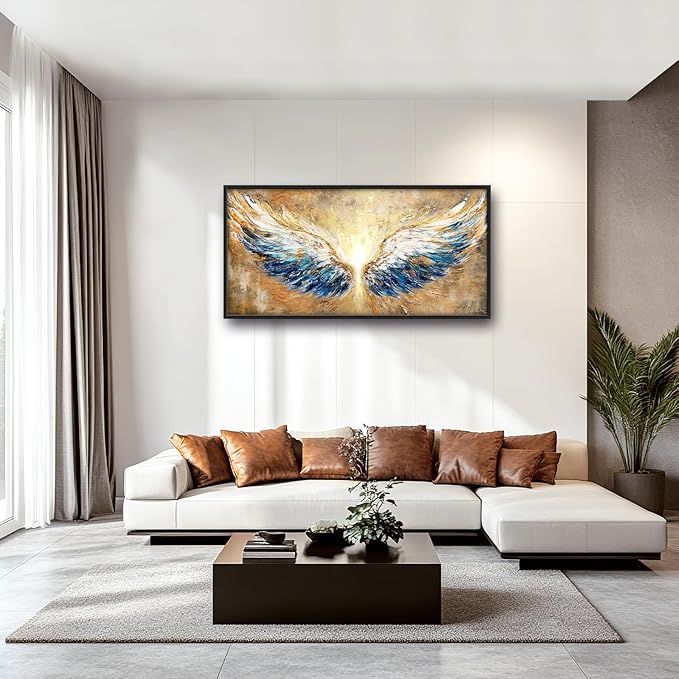 Extra Large Angel Wings Framed Wall Art for Living Room,Oversized Golden Wings Pictures Wall Decor,Holy Gold Blue Canvas Print Painting Modern Artwork Bedroom Office Bathroom 60L" x 30W"