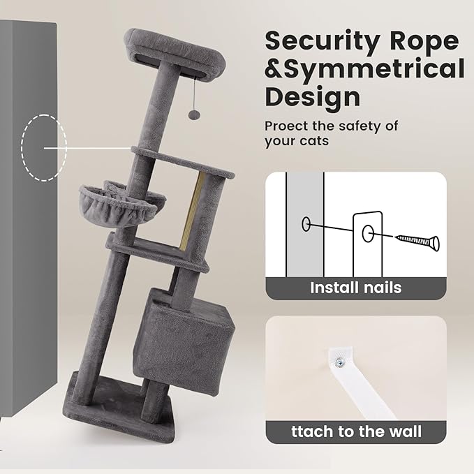 Gardner Pet 65in Heavy Duty Cat Tree Tower for Large Cats, Multi-Level Cat Furniture with Replaceable Sisal Scratching Post, Hammock | Extra-Large Platform & Condo (Upgraded Grey)