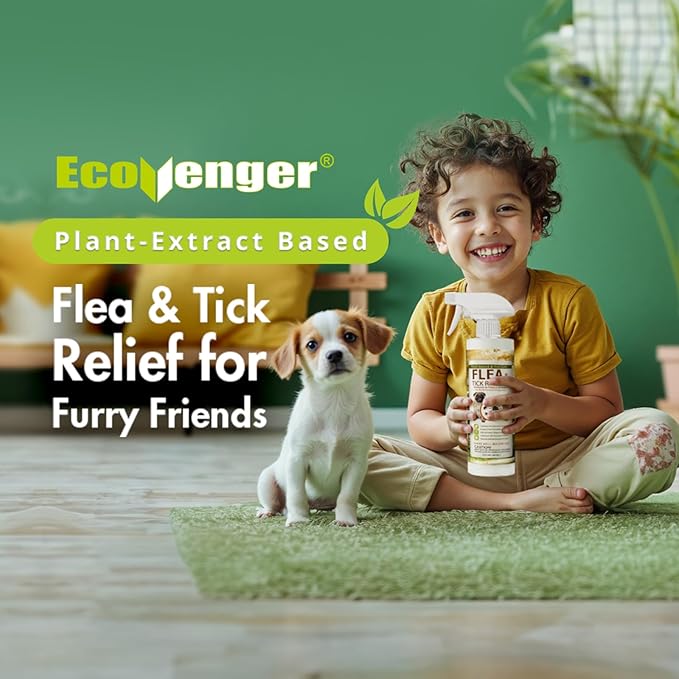 EcoVenger Flea & Tick Removal Spray 16oz for Dogs and Cats, Protects from Fleas, Mites, Ticks & Mosquitoes, eliminates+ Repels+ Housekeeping, Indoors/Outdoors, Plant-Based Formula Safe for Pets & Kids