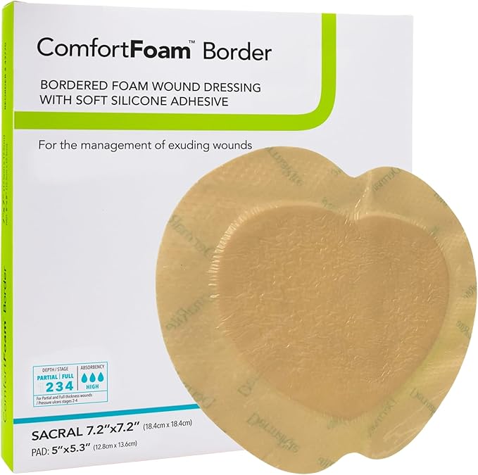 DermaRite ComfortFoam Border, Foam Wound Dressing - Flexible and Soft Silicone, Self Adhesive, No Natural Rubber Latex - 7-1/5 in. x 7-1/5 in., 1 Count, 5 Packs, 5 Total
