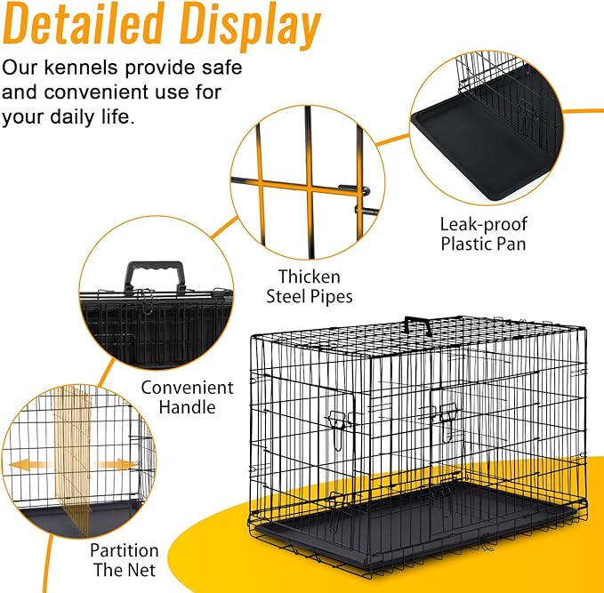 FDW Dog Crate for Medium Dogs 30 Inch Folding Metal WirePet Cage Double Door W/Divider Panel Indoor Outdoor Kennel Leak-Proof Plastic Tray,Black