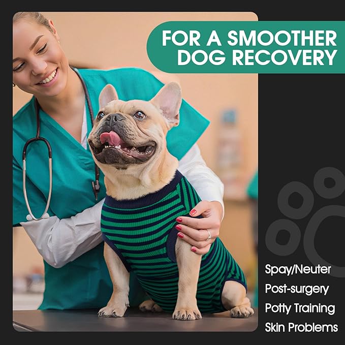 FUAMEY Recovery Suit for Dogs After Surgery,Soft Breathable Dog Bodysuit E-Collar & Cone Alternative Surgical Suit,Male Female Dog Neuter Spay Suits Anti Licking Wounds Onesie Green Black Stripes S