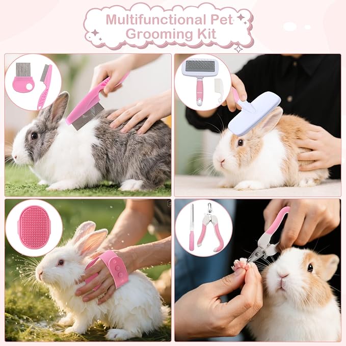 25 Pcs Large Rabbit Starter Kit, Bunny Litter Box with Drawer Animal Grooming Kit Stacking Cups Bowl Blankets Mat with Cleaning Set for Adult Guinea Pig, Ferret, Hamster, Bunnies Accessories (Pink)