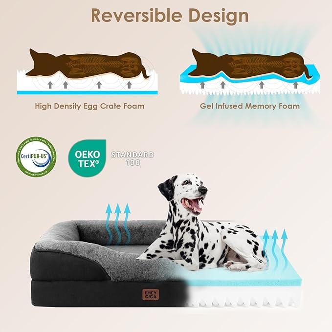 EHEYCIGA Memory Foam XXL Dog Bed for XLarge Sized, Orthopedic Dog Sofa with Sides and Waterproof Liner, Washable Bolster Pet Couch with Removable Cover, 52x41x8 Inch, Grey/Black