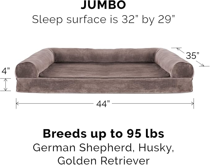 Furhaven Cooling Gel Dog Bed for Large Dogs w/ Removable Bolsters & Washable Cover, For Dogs Up to 95 lbs - Faux Fur & Velvet Sofa - Driftwood Brown, Jumbo/XL