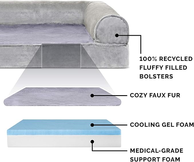 Furhaven Cooling Gel Dog Bed for Large Dogs w/ Removable Bolsters & Washable Cover, For Dogs Up to 125 lbs - Faux Fur & Velvet Sofa - Smoke Gray, Jumbo Plus/XXL