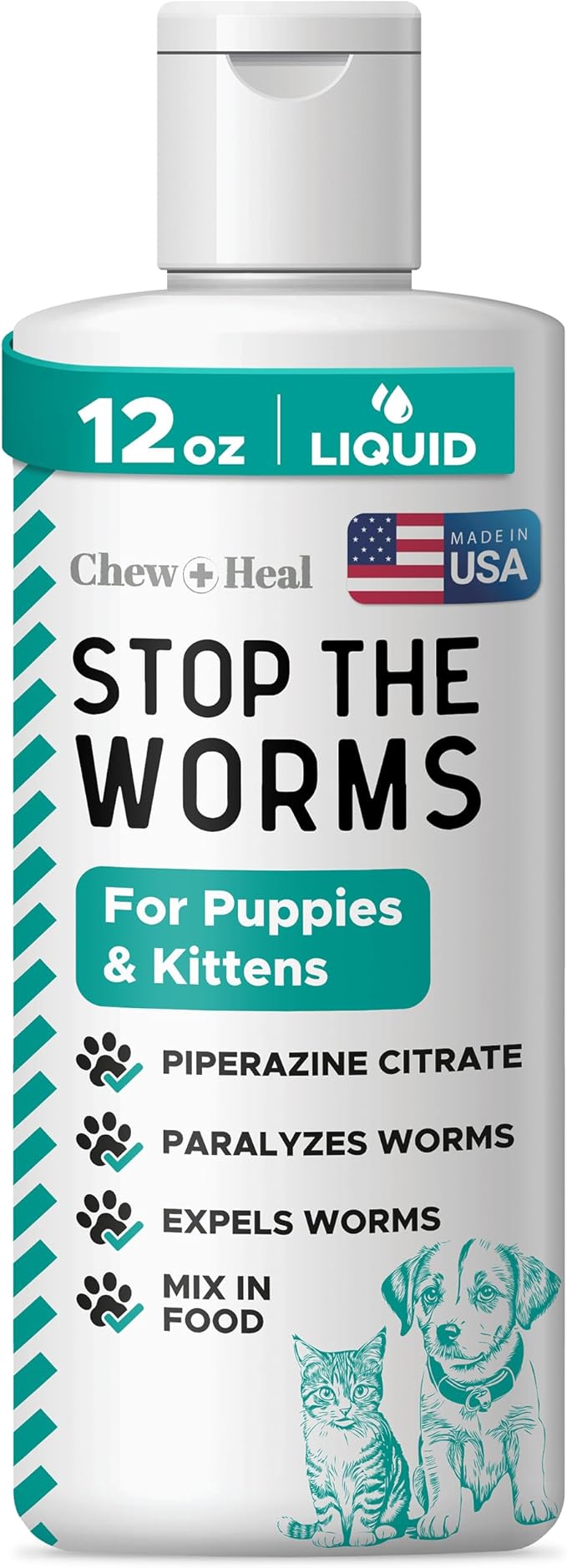 Dog and Cat Dewormer - 12 oz of Wormer Liquid to Paralyze and Expel Roundworms - Kitten and Puppy Dewormer