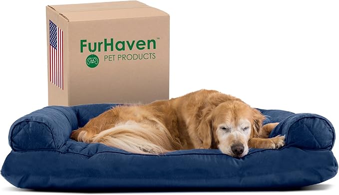 Furhaven Pillow Dog Bed for Large Dogs w/ Removable Bolsters & Washable Cover - Quilted Sofa - Navy (Blue), Jumbo/XL