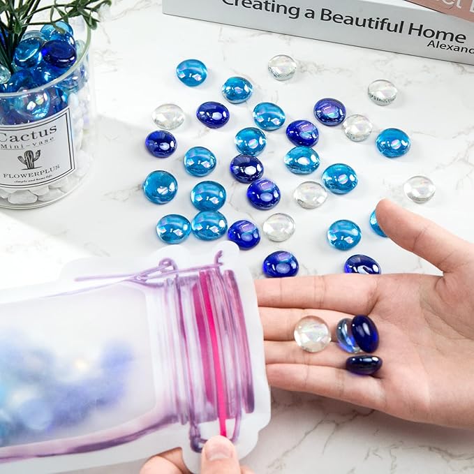 FUTUREPLUSX 1LB Iridescent Flat Glass Marbles, Blue Mixed Glass Beads Vase Fillers Decorative Gem Pebbles Sparkling Floral Fish Tank Rocks for Vases Table Scatter Aquarium Decor DIY Craft