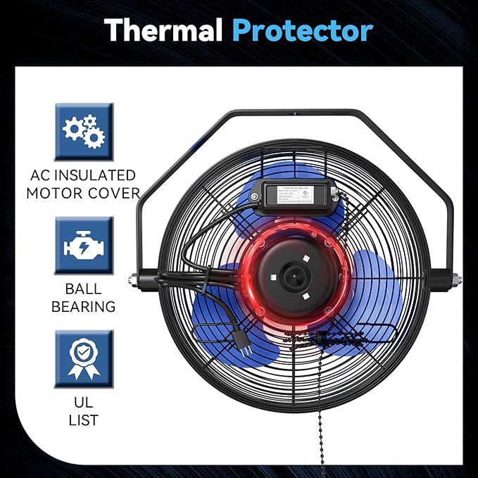 12 IN High Velocity Wall Mount Fan, 3 Speed Industrial Wall Fan with Sealed Motor, 2500 CFM Adjustable Air Circulator for Garage, Commercial, Greenhouse, Warehouse & Gazebo Use, UL Listed