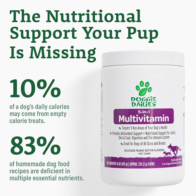 Doggie Dailies 5 in 1 Multivitamin for Dogs, Dog Multivitamin for Skin and Coat Health, Joint Health, Improved Digestion, Antioxidants, Support a Healthy Immune System (Peanut Butter) 225 Soft Chews