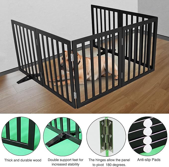 ZJSF Freestanding Indoor Dog Gate for House Foldable Wood Puppy Gate for Doorways Pet Gate for Stairs Extra Wide Pet Fence, Black, 24" Height 6 Panels