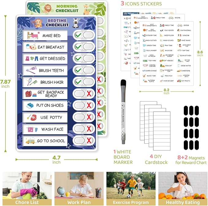 3 in 1 Bedtime/Morning/Weekly Zoo Routine Chart for Kids, Magnetic Chore Chart for Toddlers, Visual Schedule for Kids Toddlers Schedule Board for Home