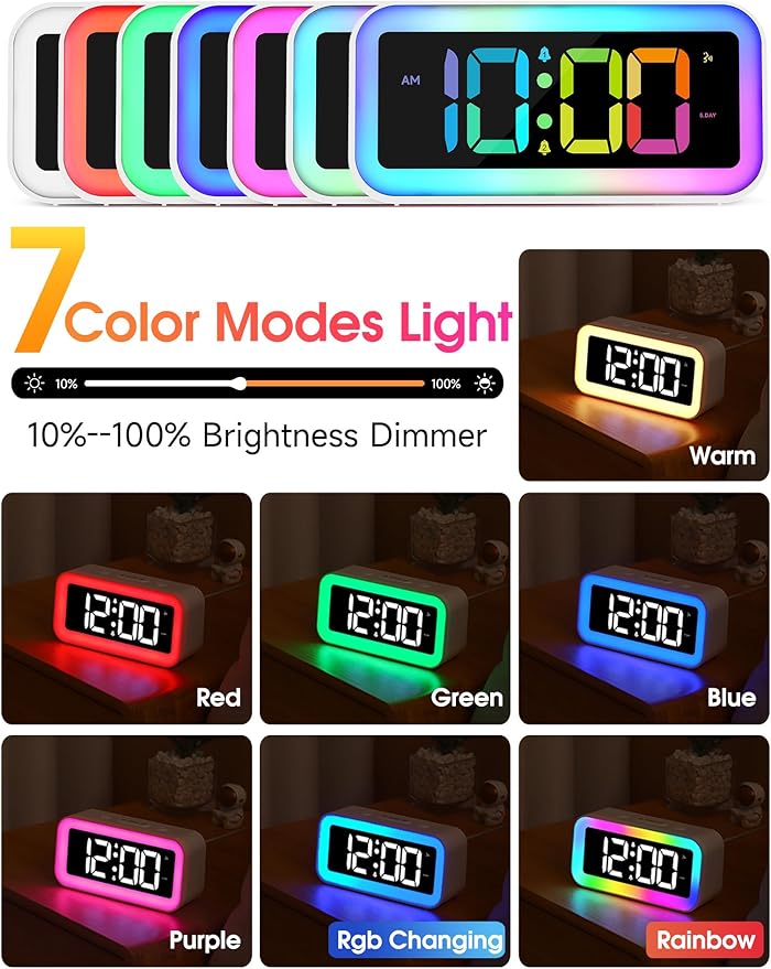 Cadmos Loud Alarm Clock for Bedrooms with Dynamic RGB Night Light,Heavy Sleepers Adults,Dual Alarm,Dimmer,USB Charger,Small Bedside Digital Clock with Led Display for Kids,Teens,Seniors (Blue)