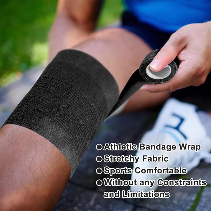 24 Pack Self Adhesive Bandage Wrap, 2” x 5 Yards Elastic Cohesive Bandage Wrap Black Athletic Tape Grip Tape for Ankle, Wrist Sprains, Sports Injuries & Pet First Aid | Medical Sports Tape