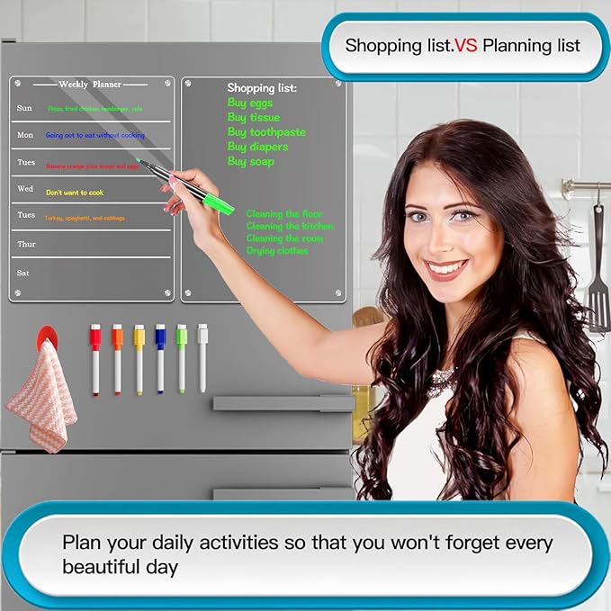 2 PCS 9"x13" Clear Weekly Meal Planner Magnetic Acrylic Board,Acrylic Magnetic Dry Erase Board for Fridge, Magnet Week Calendar for Refrigerator Includes 6 Colors Markers and Pen Container