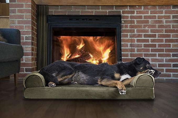 Furhaven Orthopedic Dog Bed for Large/Medium Dogs w/ Removable Bolsters & Washable Cover, For Dogs Up to 55 lbs - Faux Fur & Velvet Sofa - Dark Sage, Large
