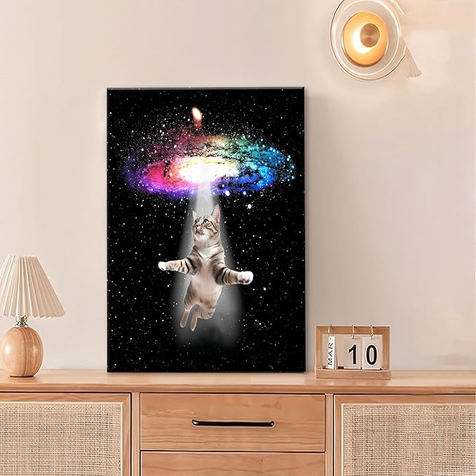 Funny Cat Wall Art Canvas Galaxy Wall Decor Prints Framed Painting Animal Pictures Gifts Artwork for Bathroom Living Dining Kitchen 16"x24"
