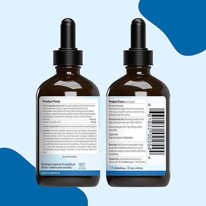 Pet Wellbeing Lung Gold for Cats - Lung Immune Support, Lower Respiratory Health, Open Airways, Normal Breathing, Reishi, Coptis - Veterinarian-Formulated Herbal Supplement - 4 oz (118 ml)