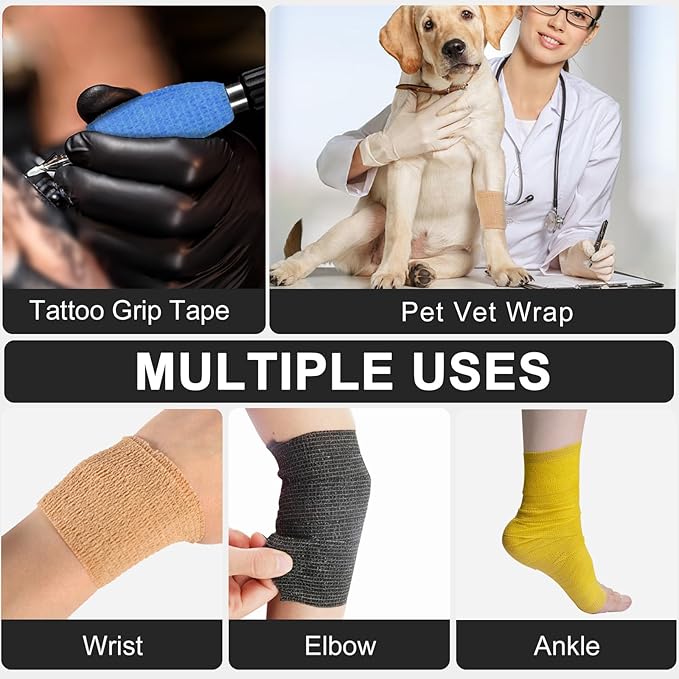 24 Pack Self Adhesive Bandage Wrap, 2” x 5 Yards Elastic Cohesive Bandage Wrap Black Athletic Tape Grip Tape for Ankle, Wrist Sprains, Sports Injuries & Pet First Aid | Medical Sports Tape