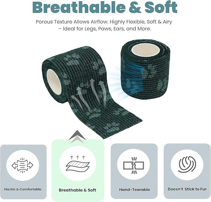 Pet Bandage 6 Rolls, Adhesive Bandage, Self Adhesive Bandage, First Aid Adhesive Gauze, for Horses, Dogs,Cats, Birds, Animals (Paw Prints, 2 Inch (Pack of 6))