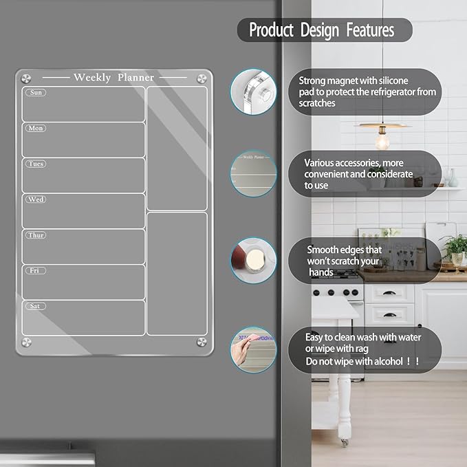 9"X13" Acrylic Weekly Planner for Fridge,Clear Meal Planner for Refrigerator,Magnet Weekly Calendar for Fridge,Acrylic Magnetic Menu Board for Kitchen with 6 Markers