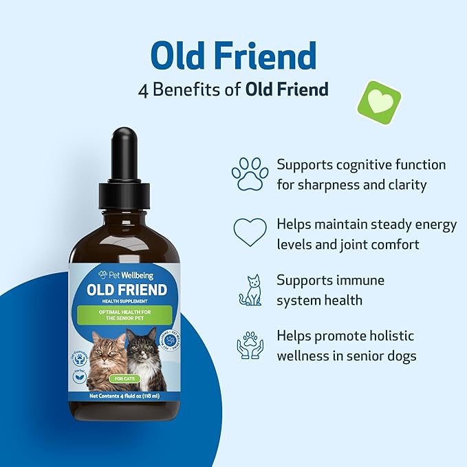 Pet Wellbeing Old Friend for Senior Cats - Supports Immune System Health, Joint Mobility, Healthy Energy Levels, Alfalfa, Reishi - Veterinarian-Formulated Herbal Supplement 4 oz (118 ml)
