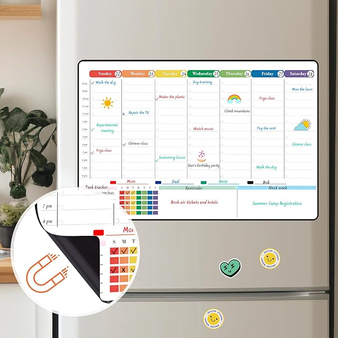 POPRUN Dry Erase Board Magnetic Weekly Calendar Whiteboard for Fridge, 16.5"x11"Schedule Board for Kids, Weekly Planner Whiteboard with Hourly Time Slots Perfect as Planner Board for School and Family