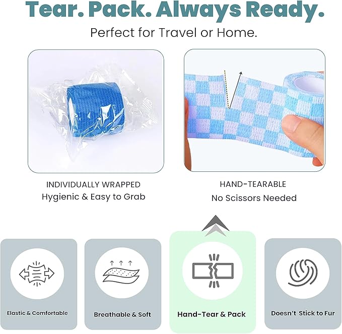 Pet Bandage 6 Rolls, Adhesive Bandage, Self Adhesive Bandage, First Aid Adhesive Gauze, for Horses, Dogs,Cats, Birds, Animals, (Solid Colors, 2 Inch (Pack of 6))