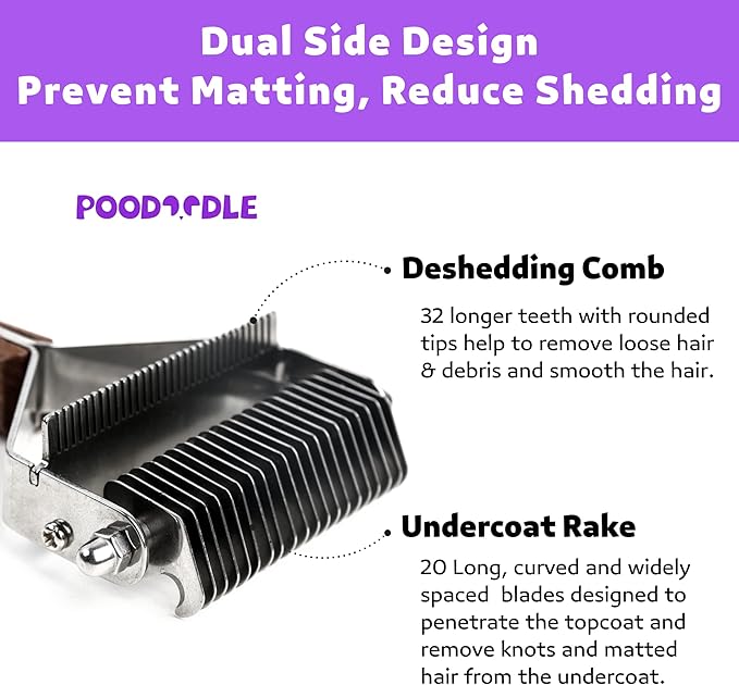 2 in 1 Dogs Cats Dematting Grooming Comb, Perfect Deshedding Undercoat Rake for Poodle & Goldendoodle, Efficiently Detangling Shedding Loose Hair & Matted Fur, All Long Haired Pet (Dark)